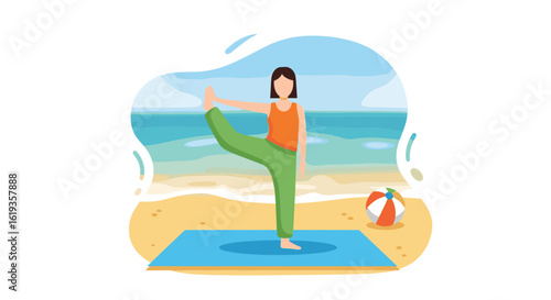 Woman practicing yoga on the beach, perfect for wellness websites or brochures.