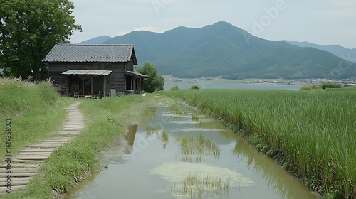 Rustic wooden house nestled beside a placid waterway in a rural landscape.