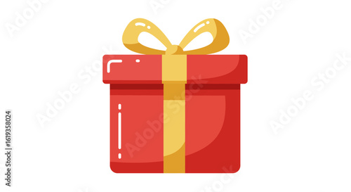 A vibrant red gift box with a golden ribbon bow, a flat vector icon for celebrations and special occasions.
