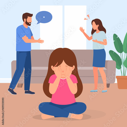 Distressed young girl with brown hair in a pink shirt, sitting cross-legged on the floor and crying into her hands.