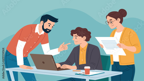 Teamwork and Collaboration: Diverse colleagues working together on a project, ideal for website landing pages or brochures.