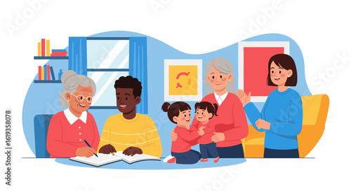 Multigenerational family gathering, perfect for family, heritage, and togetherness themed projects.