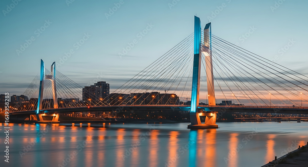 Obraz premium Illuminated cable-stayed bridge reflecting in the water at dusk with a modern city skyline
