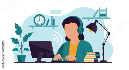 Woman working from home, wearing headphones, using computer. Ideal for website banners, blog posts, or articles about remote work.