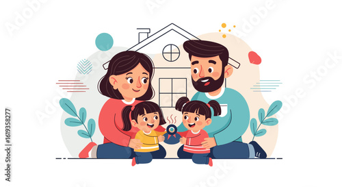 Happy family with two daughters sitting in front of their house - perfect for family, home, and real estate websites and brochures.