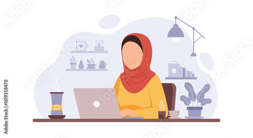 Muslim woman working on laptop at home office, perfect for website banners or blog posts.