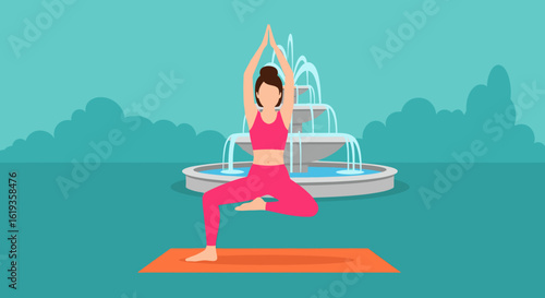 Woman doing yoga outdoors near a fountain - perfect for wellness websites or brochures.