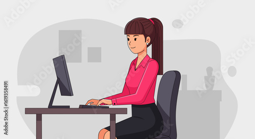 Woman working on computer, illustration for website or presentation.