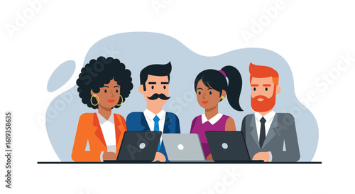 Diverse team of professionals collaborating on laptops, ideal for website banners or business presentations.