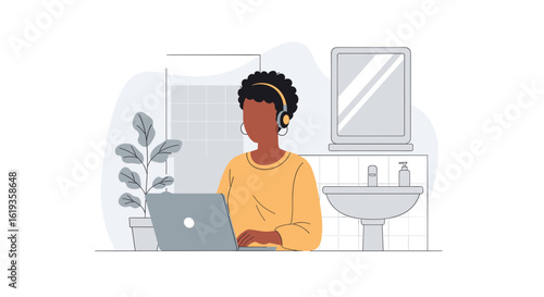 Woman working remotely from home, using laptop in bathroom. Perfect for articles about remote work, work-life balance, or flexible work.