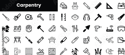A collection of various carpentry tools and icons, including hammers, saws, tape measures, and more, displayed in a clean, minimalistic style.