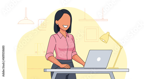 Smiling businesswoman working on laptop at standing desk, ideal for website banners or blog posts about productivity and remote work.