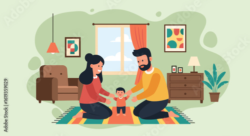 Happy family playing with their baby at home. Perfect for family blogs, parenting websites, and brochures.