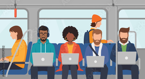 Diverse group of people working on laptops during their commute, perfect for illustrating modern work life balance.
