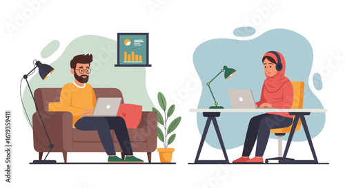 Diverse colleagues working remotely from home offices; perfect for illustrating telecommuting, work-from-home, or remote collaboration.