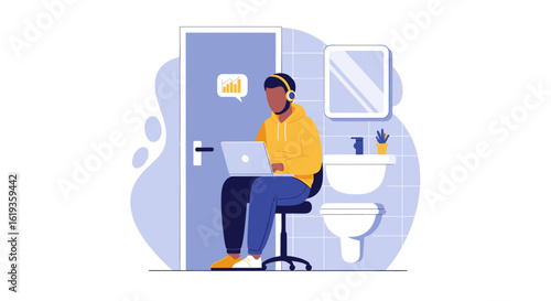 Man working on laptop in a bathroom, ideal for illustrating remote work challenges or humor.