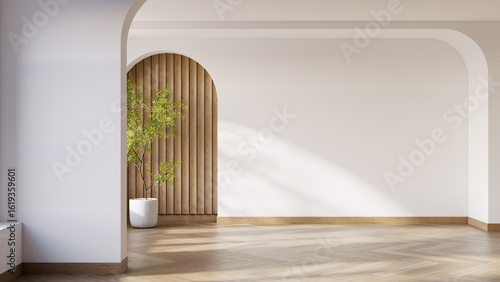 A cozy and warm living room interior with natural light, wooden floors, and an armchair against warm white walls.3d render