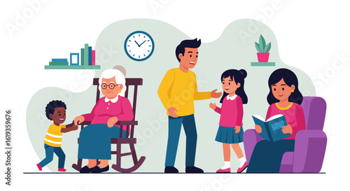 Happy multigenerational family at home, perfect for family, togetherness, and generational themes.