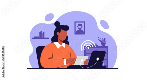 Woman working from home on laptop and tablet, perfect for remote work, freelance, and technology websites.