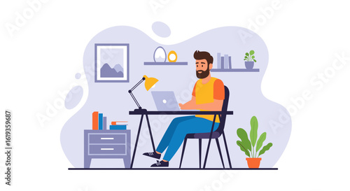 Man working from home on laptop, ideal for remote work, freelance, or work-life balance blog posts.