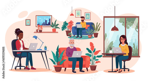 Diverse group of people working remotely from home offices, cafes, and comfortable settings. Ideal for illustrating work-life balance, remote work, or diversity in the workplace.