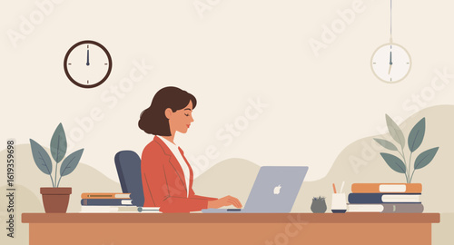Woman working on laptop at office desk, ideal for productivity and business websites or brochures.