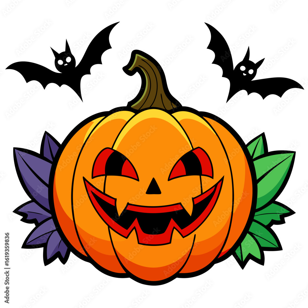 Fototapeta premium Halloween Pumpkin and Bats – Cartoon Vector Isolated
