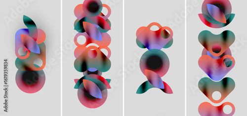 Abstract colorful shapes overlap, creating dynamic compositions. Soft gradients blend hues, forming fluid visual patterns. Minimalist background enhances forms.