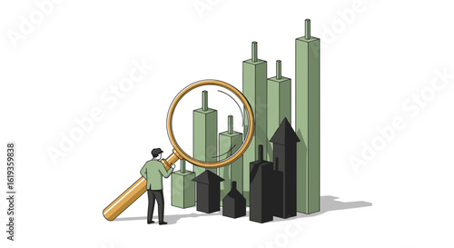 Analytical Businessman Utilizing a Magnifying Glass to Examine Rising Stock Market Graphs in a Financial Evaluation Setting, Symbolizing Growth, Strategy, and Investment Opportunities