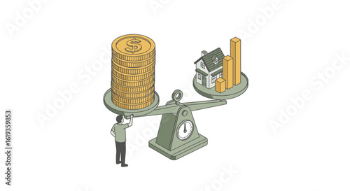 Balancing Wealth and Assets: A Thoughtful Illustration of Financial Investment Concepts Featuring Dollar Coins, a House, and Growth Statistics on a Scale