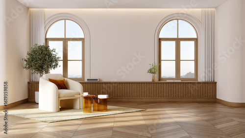 Luxury home interior with modern furniture in a spacious living room, featuring a minimal  stylish and elegant design elements. 3d render