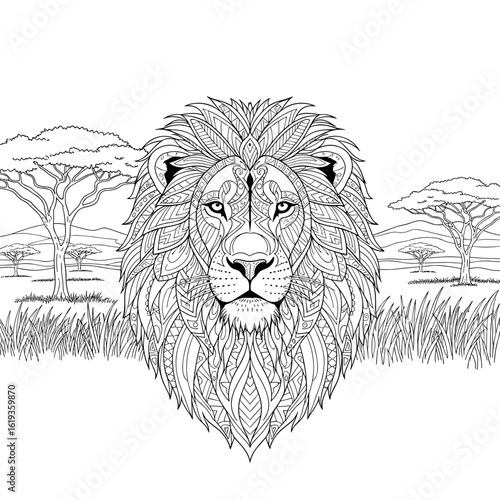 Lion coloring page for adults intricate design african safari animal