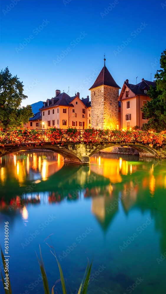 Obraz premium Evening cityscape reflected in tranquil water