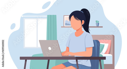 Young woman working from home on laptop, perfect for website banners or blog posts about remote work.