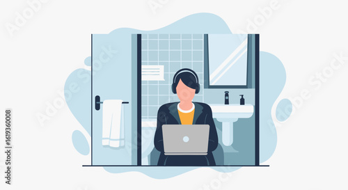 Person working on laptop in a bathroom, illustration for articles about remote work or work-life balance.