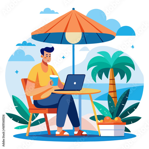 Freelancer at Beachside Café with Tablet