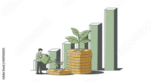 Conceptual Illustration of Financial Growth: A Person Watering a Plant Amongst Stacked Coins with Rising Bar Graphs in a Minimalist Style Representing Prosperity and Investment Strategies