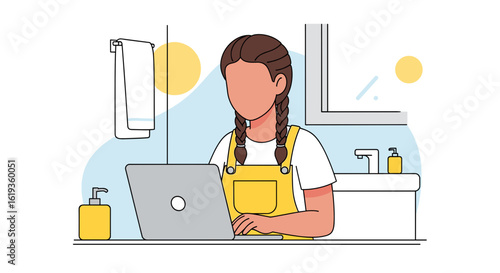 Young woman working on laptop in bathroom, illustration for blog or website.