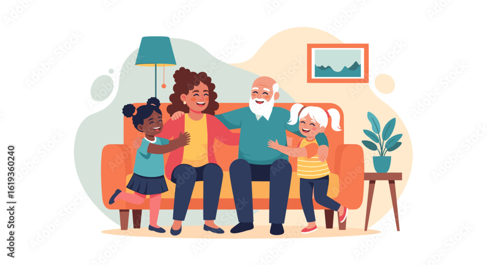 Obraz premium Happy multigenerational family spending quality time together on a couch, perfect for family blogs, greeting cards, or websites.
