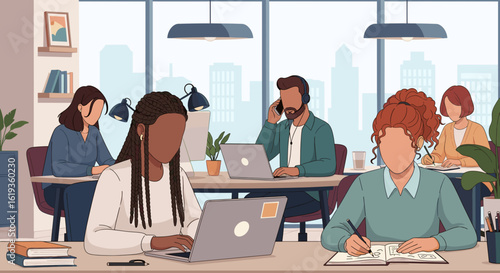Diverse team of coworkers collaborating in a modern office, ideal for website banners or brochures.