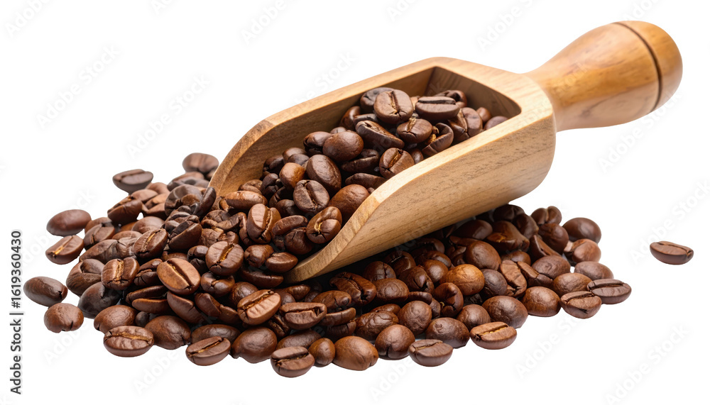 Fototapeta premium Fresh roasted coffee beans spill from a wooden scoop, isolated on a white background