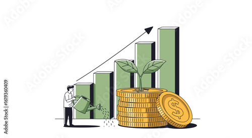 Illustration of a Businessman Watering Growing Plants on Stacked Coins with a Background of Rising Graph Bars, Symbolizing Financial Growth, Investment Success, and Economic Prosperity