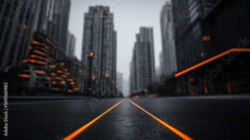 Low angle view of city street flanked by tall buildings, enhanced with orange light