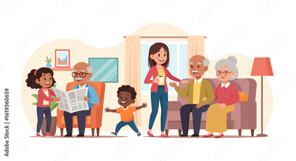 Multigenerational Family Gathering at Home: Illustration for Family, Healthcare, or Retirement Websites Multigenerational Family Gathering at Home: Illustration for Family, Healthcare, or Retirement Websites