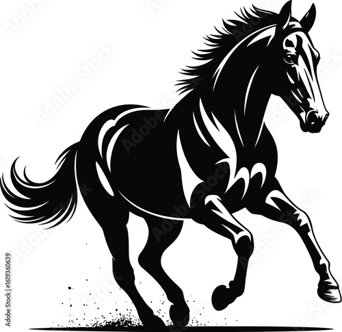 Black horse galloping with mane flowing running motion