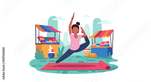 Woman doing yoga outdoors near market stalls; perfect for wellness websites or brochures.