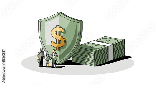 Symbolic Representation of Financial Security Featuring a Shield with a Dollar Sign, Family Figures, and Stacks of Money, Conveying Themes of Wealth Protection and Economic Stability