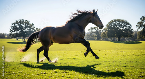 Brown horse running on green grass field.