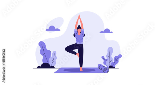Woman practicing yoga outdoors, perfect for wellness websites or brochures.