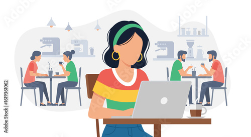Young woman working on laptop in a coffee shop, ideal for blog posts about remote work or cafe culture.